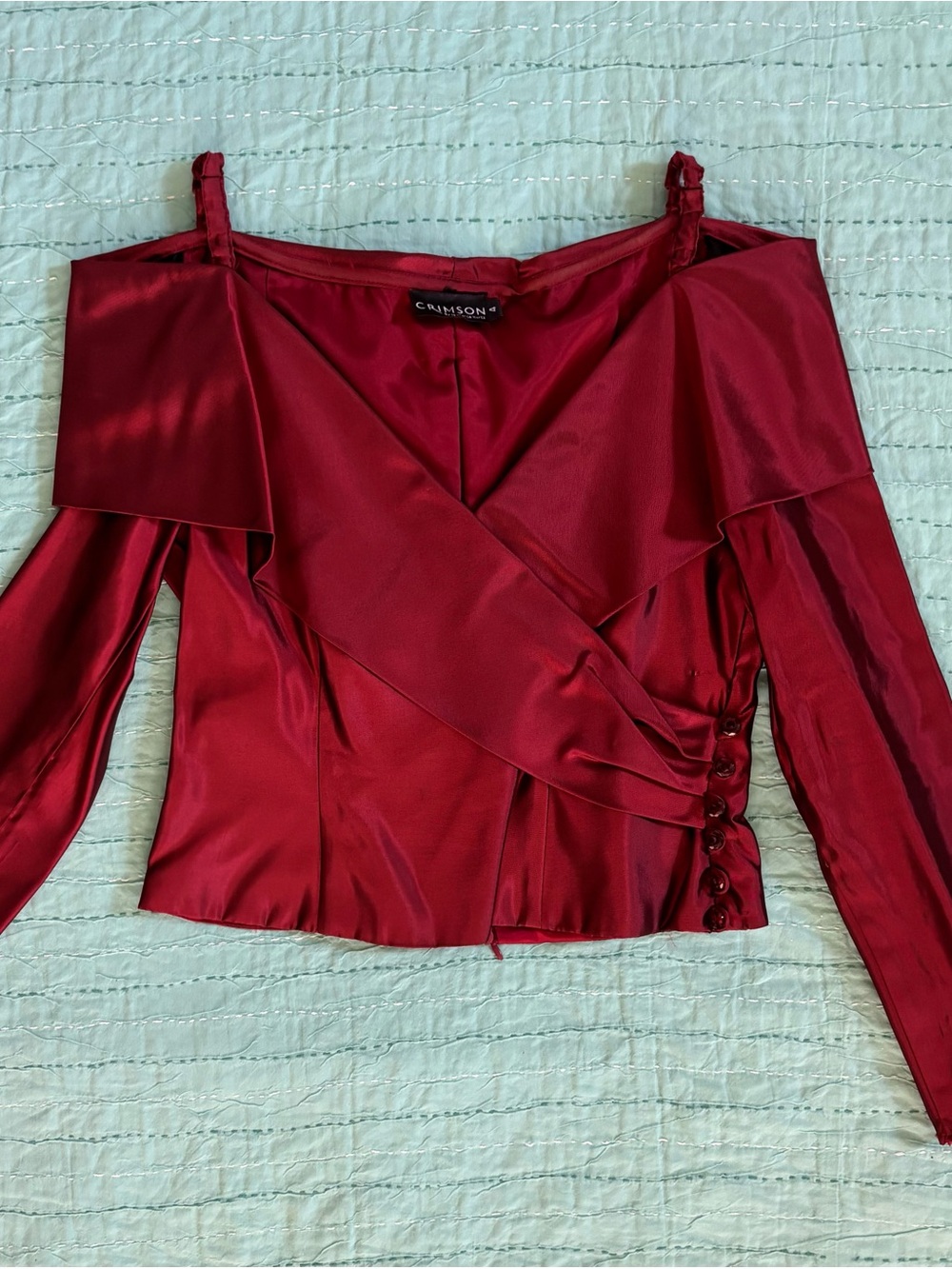 Y2K Crimson Satin Wrap Front Off Shoulder Top, Size 4, Wine/Burgundy  Party